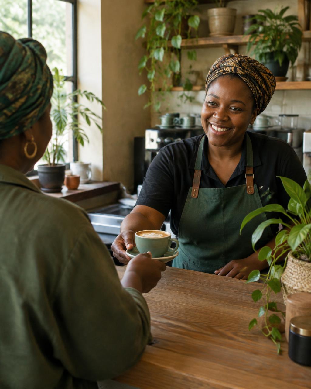 A café owner handing a coffee to a smiling customer