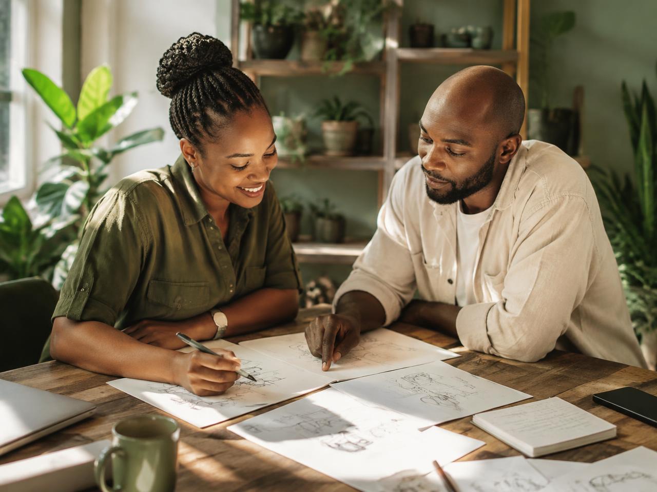 Two colleagues working through plans together at a sunlit table