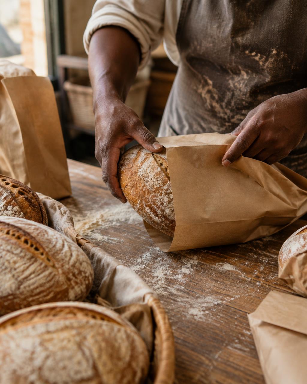 A baker's hands wrapping a fresh loaf in a paper bag
