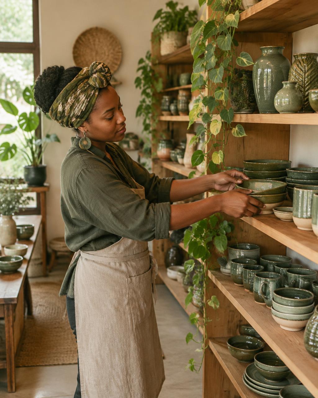 A maker arranging handmade ceramics on her shop shelves